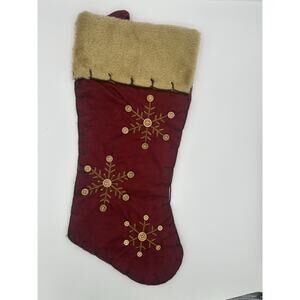 Vintage Red Christmas Stocking With Button Snowflakes & Faux Fur Cuff 18”